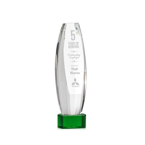 Awards and Plaques - Crystal Trophies - Hoover on Half Round Base Green Towers Crystal Trophy