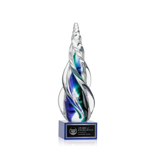 Awards and Plaques - Glass Trophies - Art Glass Trophies - Alderon on Plated Crystal Base - Blue
