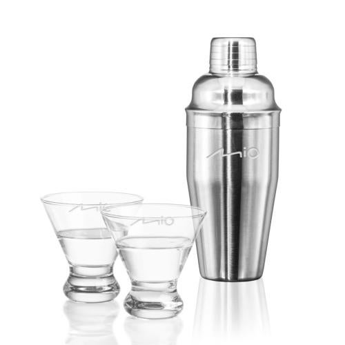 Custom Barware Glasses - Cocktail Glasses - Barrera Shaker & Steele Martini Set