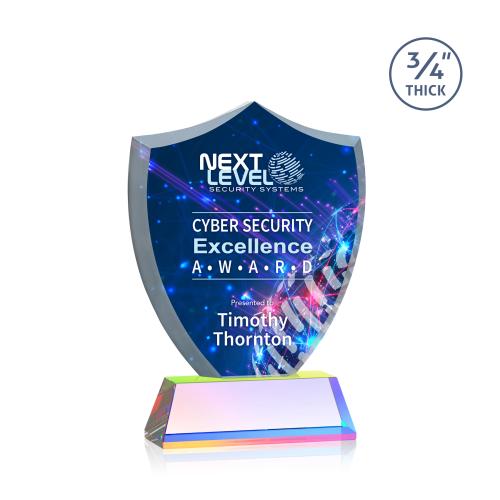 Awards and Plaques - Crystal Trophies - Escamilla Shield Full Color on Helton Prismatic Unique Crystal Trophy
