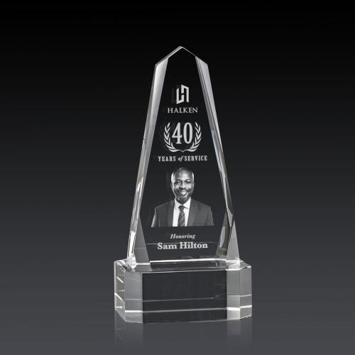 Awards and Plaques - Crystal Trophies - Geneva 3D on Base Clear Obelisk Crystal Trophy