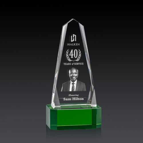 Awards and Plaques - Crystal Trophies - Geneva 3D on Base Green Obelisk Crystal Trophy