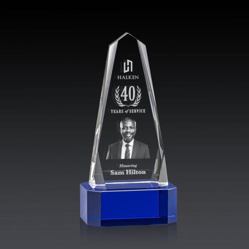 Awards and Plaques - Crystal Trophies - Geneva 3D on Base Blue Obelisk Crystal Trophy