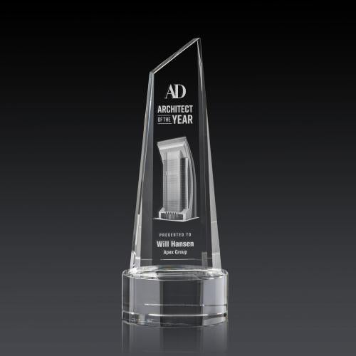 Awards and Plaques - Crystal Trophies - Keene Tower 3D on Base Clear Peaks Crystal Trophy