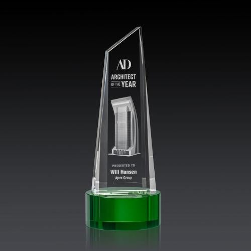 Awards and Plaques - Crystal Trophies - Keene Tower 3D on Base Green Peaks Crystal Trophy