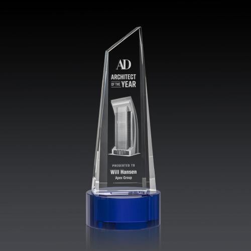Awards and Plaques - Crystal Trophies - Keene Tower 3D on Base Blue Peaks Crystal Trophy