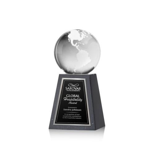 Awards and Plaques - Crystal Trophies - Globe Globe on Tall Marble Base Crystal Trophy