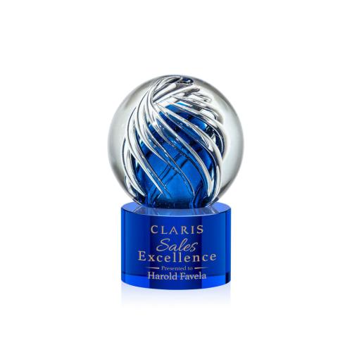 Awards and Plaques - Glass Trophies - Art Glass Trophies - Truong on Round Base Blue Globe Glass Trophy