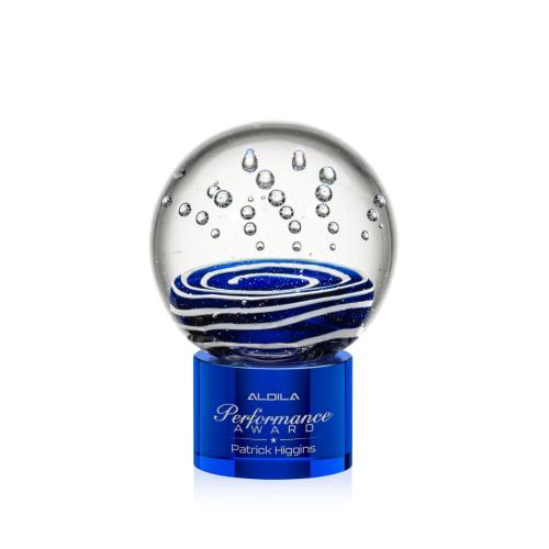 Awards and Plaques - Glass Trophies - Art Glass Trophies - Darby on Round Base Blue Globe Glass Trophy