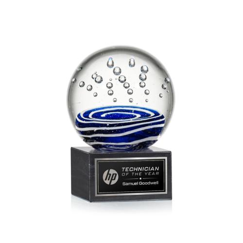 Awards and Plaques - Glass Trophies - Art Glass Trophies - Darby Globe on Square Marble Base Glass Trophy