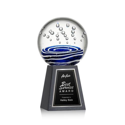 Awards and Plaques - Glass Trophies - Art Glass Trophies - Darby Globe on Tall Marble Base Glass Trophy