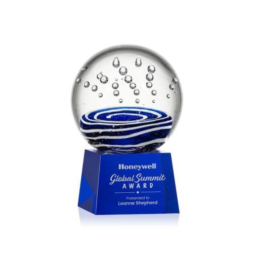 Awards and Plaques - Glass Trophies - Art Glass Trophies - Darby on Small Crystal Base Blue Globe Glass Trophy