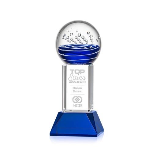 Awards and Plaques - Glass Trophies - Art Glass Trophies - Darby on Tower Base Blue Globe Glass Trophy