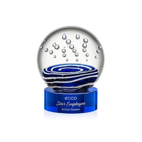 Awards and Plaques - Glass Trophies - Art Glass Trophies - Darby on Lockwood Base Blue Globe Glass Trophy