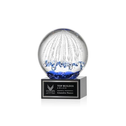 Awards and Plaques - Glass Trophies - Art Glass Trophies - Rudolph on Plated Crystal Base Black Globe Glass Trophy