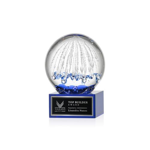 Awards and Plaques - Glass Trophies - Art Glass Trophies - Rudolph on Plated Crystal Base Blue Globe Glass Trophy