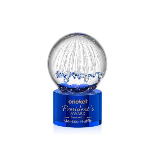 Awards and Plaques - Glass Trophies - Art Glass Trophies - Rudolph on Round Base Blue Globe Glass Trophy