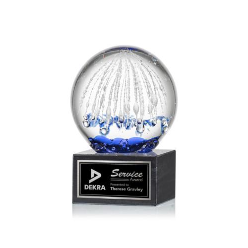 Awards and Plaques - Glass Trophies - Art Glass Trophies - Rudolph Globe on Square Marble Base Glass Trophy