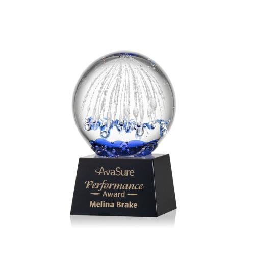 Awards and Plaques - Glass Trophies - Art Glass Trophies - Rudolph on Small Crystal Base Black Globe Glass Trophy