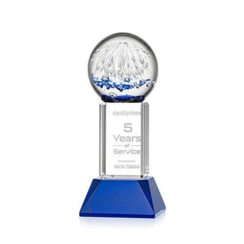 Awards and Plaques - Glass Trophies - Art Glass Trophies - Rudolph on Tower Base Blue Globe Glass Trophy