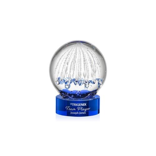 Awards and Plaques - Glass Trophies - Art Glass Trophies - Rudolph on Lockwood Base Blue Globe Glass Trophy