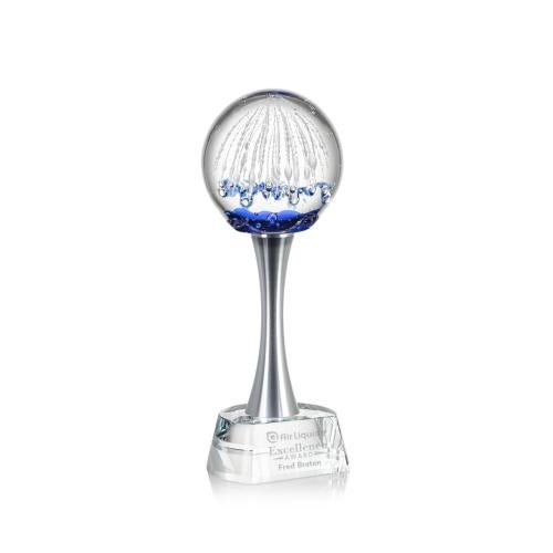 Awards and Plaques - Glass Trophies - Art Glass Trophies - Rudolph on Metal Pedestal Base Clear Globe Glass Trophy
