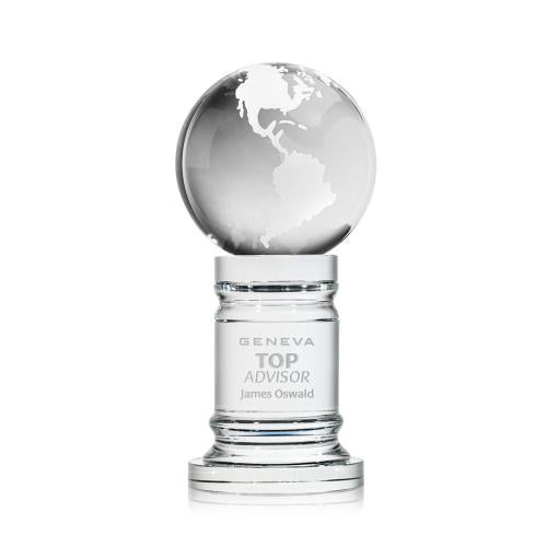Awards and Plaques - Crystal Trophies - Globe Globe on Pedestal Base Crystal Trophy