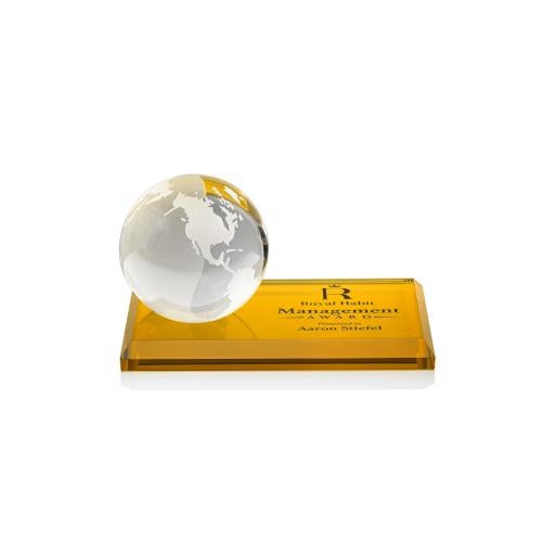 Awards and Plaques - Crystal Trophies - Globe on Rectangle Base Amber Globe Crystal Trophy