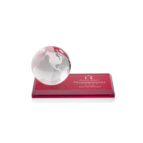 Awards and Plaques - Crystal Trophies - Globe on Rectangle Base Red Globe Crystal Trophy
