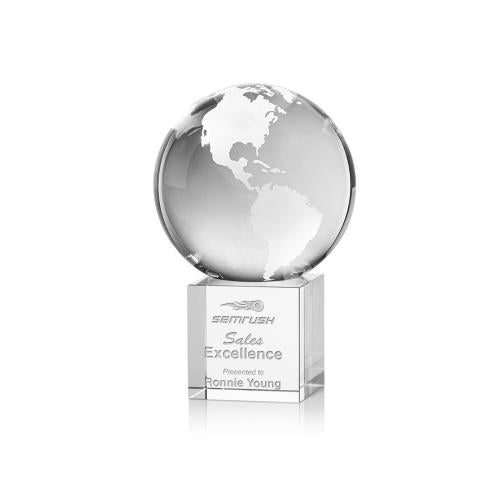 Awards and Plaques - Crystal Trophies - Globe Globe on Square Base Crystal Trophy