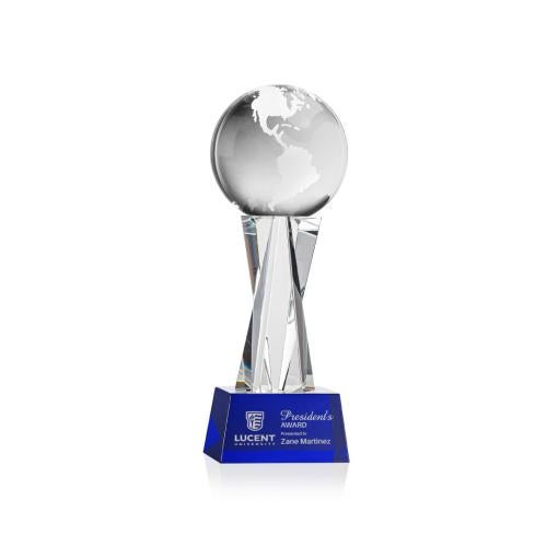 Awards and Plaques - Crystal Trophies - Globe on Saldana Base Blue Globe Crystal Trophy