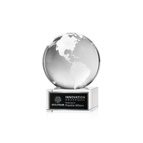 Awards and Plaques - Crystal Trophies - Globe on Plated Base Clear Globe Crystal Trophy