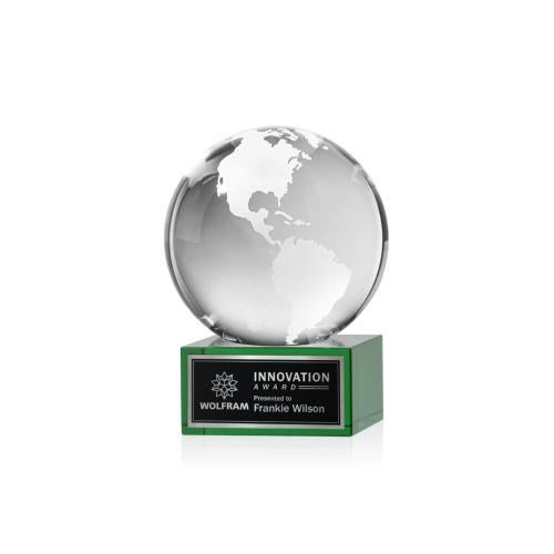Awards and Plaques - Crystal Trophies - Globe on Plated Base Green Globe Crystal Trophy