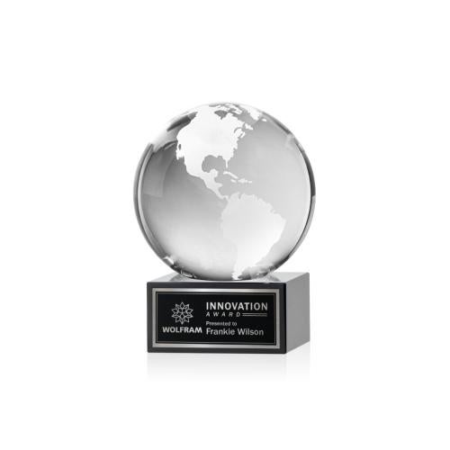 Awards and Plaques - Crystal Trophies - Globe on Plated Base Black Globe Crystal Trophy
