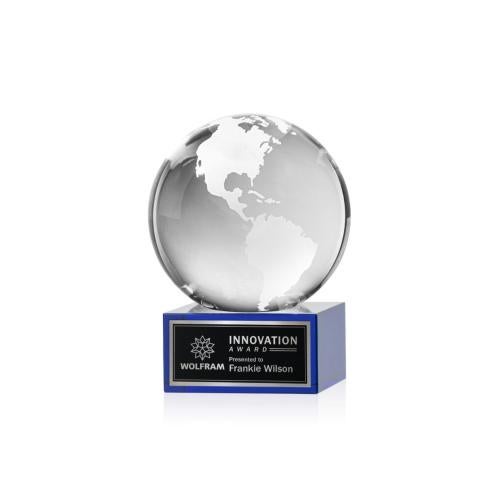 Awards and Plaques - Crystal Trophies - Globe on Plated Base Blue Globe Crystal Trophy