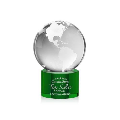 Awards and Plaques - Crystal Trophies - Globe on Round Base Green Globe Crystal Trophy