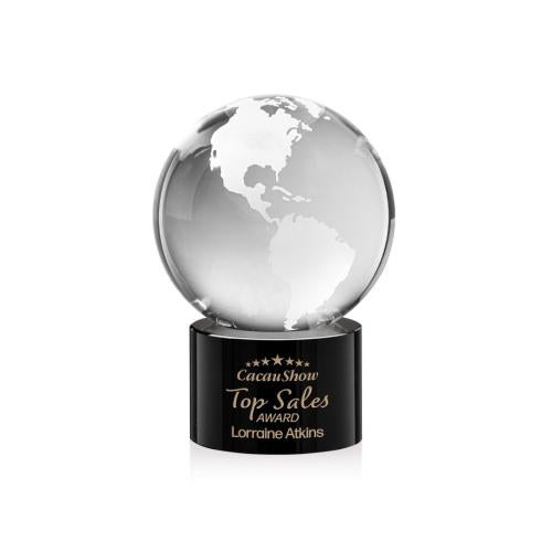 Awards and Plaques - Crystal Trophies - Globe on Round Base Black Globe Crystal Trophy