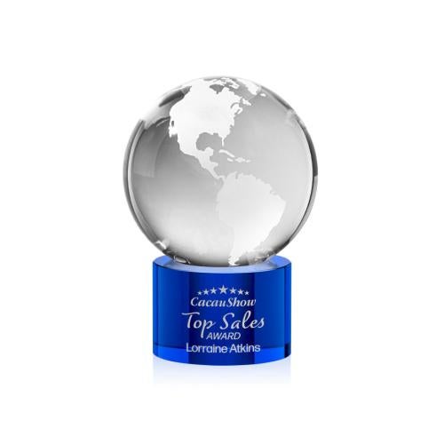 Awards and Plaques - Crystal Trophies - Globe on Round Base Blue Globe Crystal Trophy
