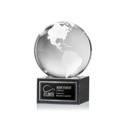 Awards and Plaques - Crystal Trophies - Globe Globe on Square Marble Base Crystal Trophy