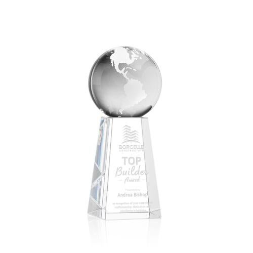 Awards and Plaques - Crystal Trophies - Globe Globe on Tall Base Crystal Trophy