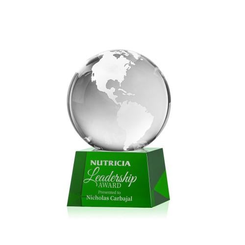 Awards and Plaques - Crystal Trophies - Globe on Small Base Green Globe Crystal Trophy