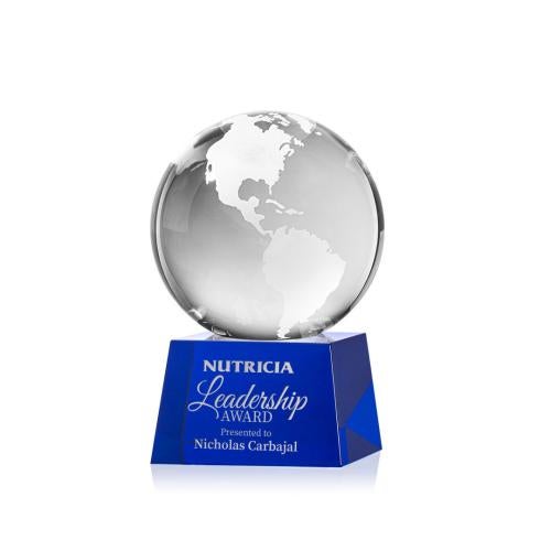 Awards and Plaques - Crystal Trophies - Globe on Small Base Blue Globe Crystal Trophy