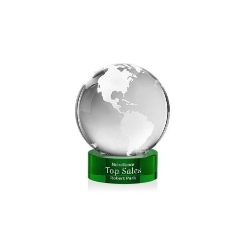 Awards and Plaques - Crystal Trophies - Globe on Lockwood Base Green Globe Crystal Trophy