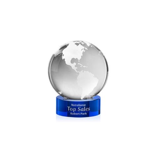 Awards and Plaques - Crystal Trophies - Globe on Lockwood Base Blue Globe Crystal Trophy