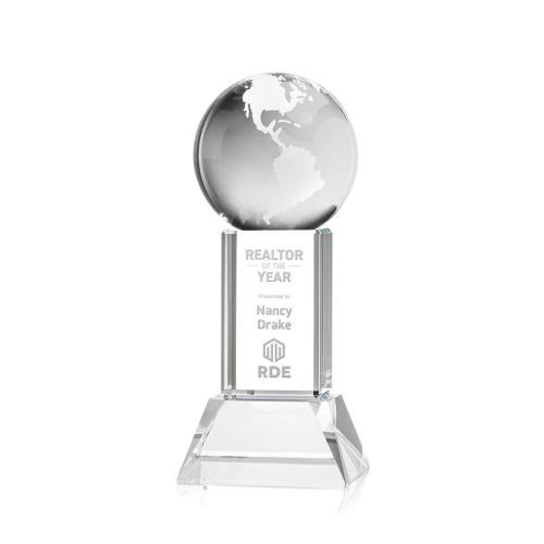 Awards and Plaques - Crystal Trophies - Globe on Tower Base Clear Globe Crystal Trophy