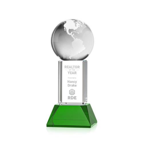 Awards and Plaques - Crystal Trophies - Globe on Tower Base Green Globe Crystal Trophy