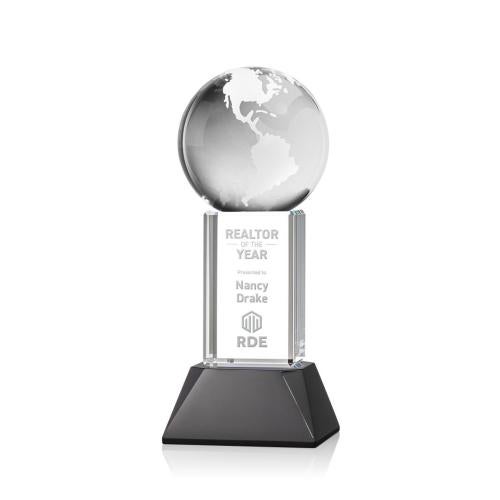 Awards and Plaques - Crystal Trophies - Globe on Tower Base Black Globe Crystal Trophy