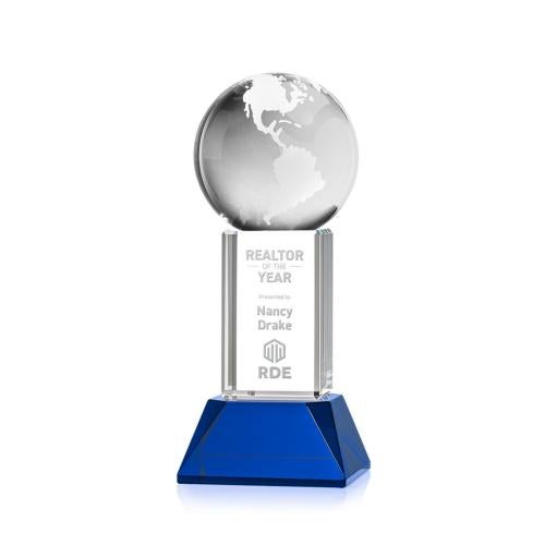 Awards and Plaques - Crystal Trophies - Globe on Tower Base Blue Globe Crystal Trophy