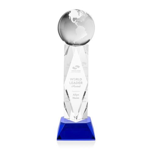 Awards and Plaques - Crystal Trophies - Globe on Toscana Base Blue Globe Crystal Trophy