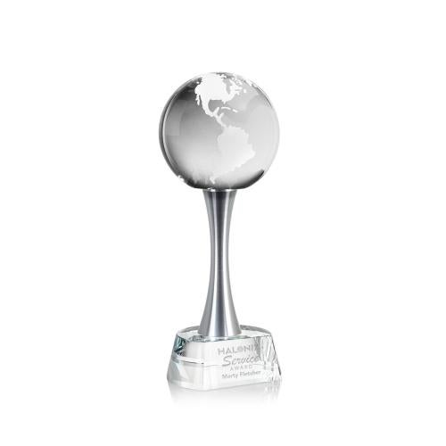 Awards and Plaques - Crystal Trophies - Globe Globe on Metal Pedestal Base Crystal Trophy